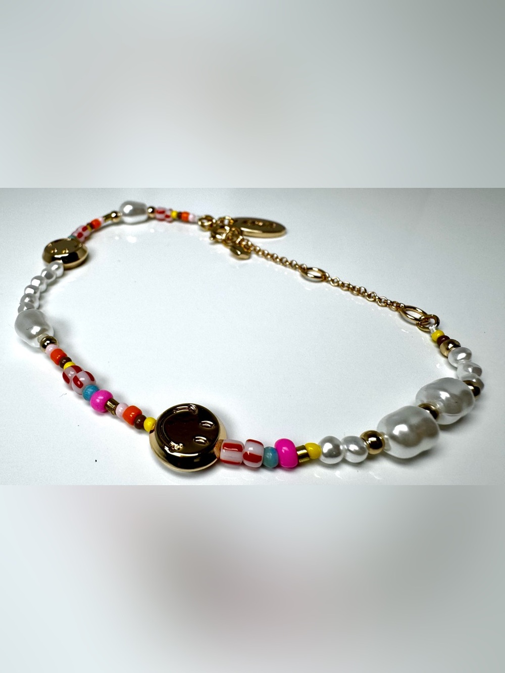 Aerie TM & Smiley Gold-tone Smiley Face Pearl & Beaded Bracelet #1202
